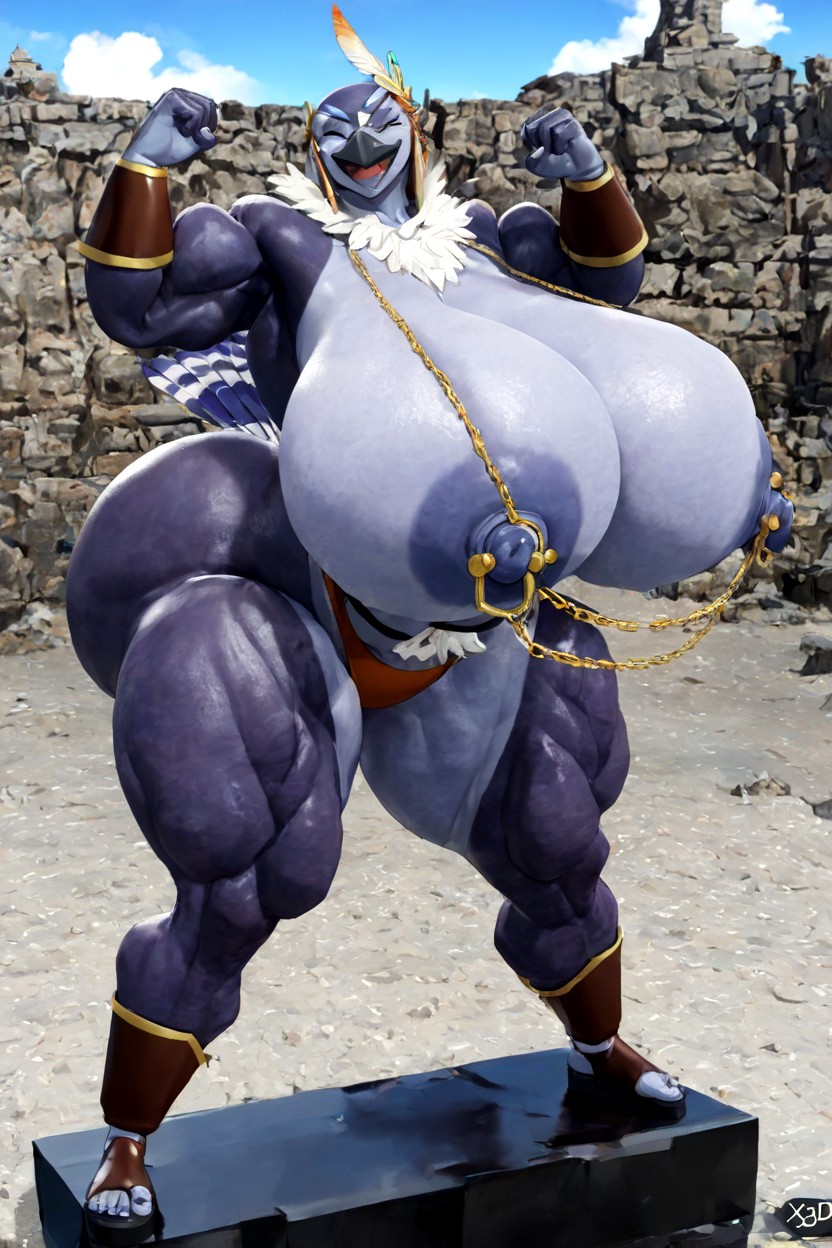 Hyper Pubic Hair, Stands On Textured Circular Stone Base, Stiff Feather‑laminated Torso Guard Furry AI Porn