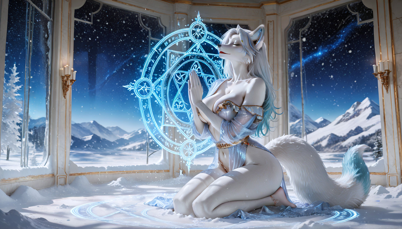 Praying, White Crystalline Snow, Bare Stomach Furry AI Porn