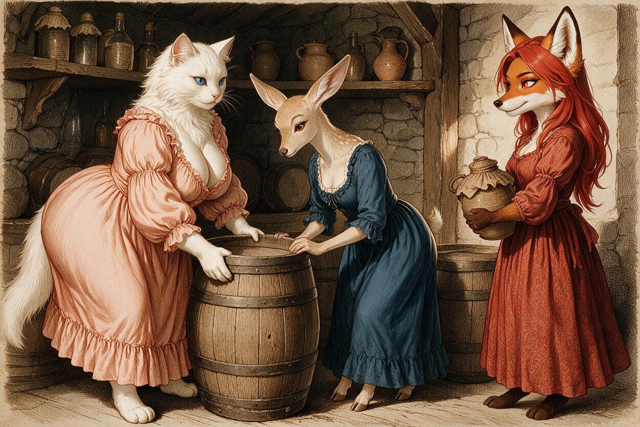 Floor-length, Filled With Wooden Barrels And Shelves Above, Semi-illustration In The Style Of A Th-century European Engraving Warm Ochre And Sepia Tones Furry AI Porn
