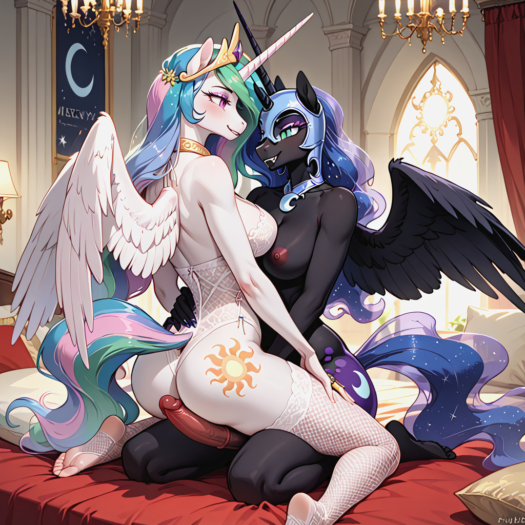 Pony Alicorn, Mature, Princess Celestia Sitting On Nightmare Moon Laps Furry AI Porn