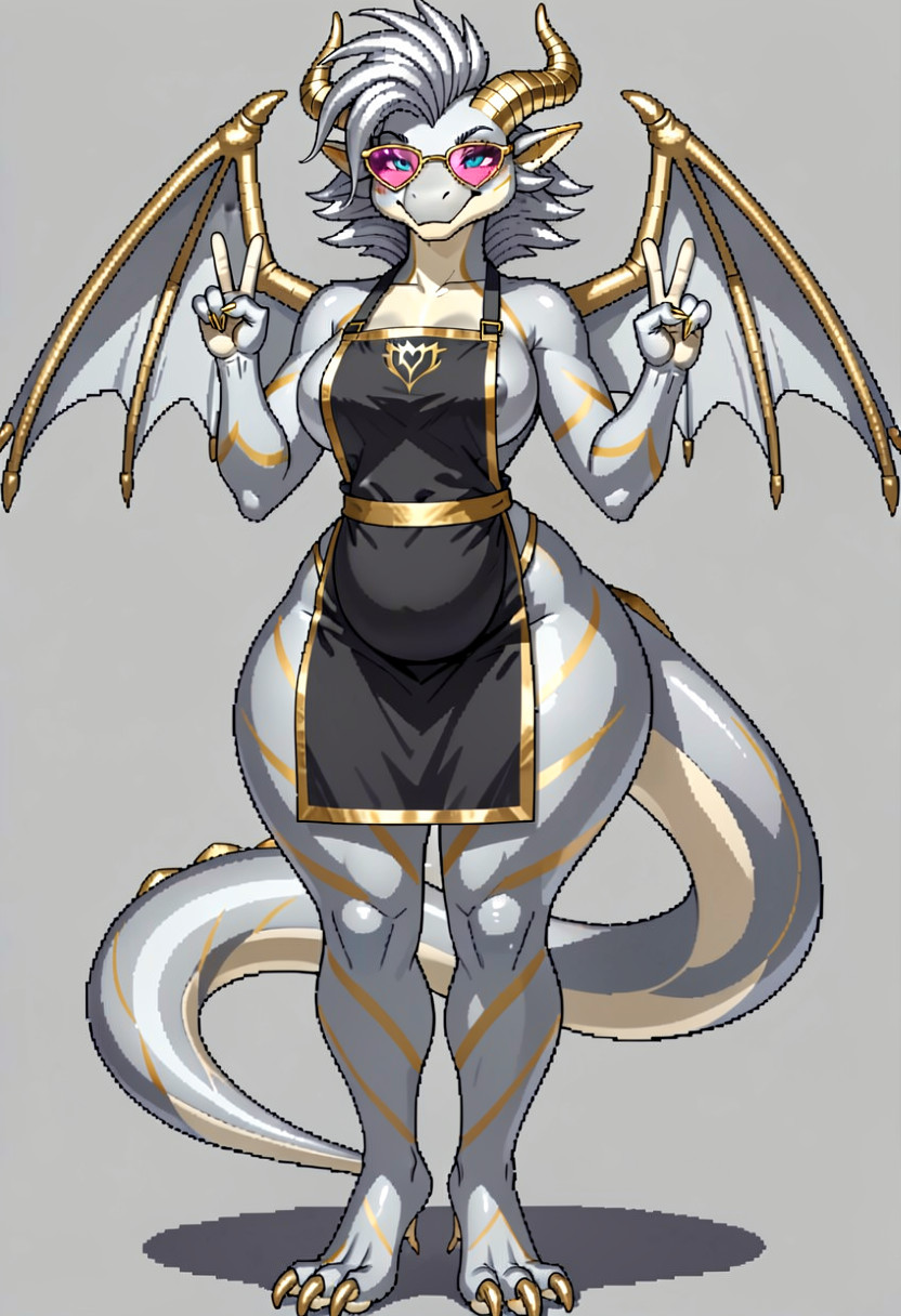 Gently Curved Pearl-white Claws - Dark Outlines Around Individual Claws - Hands Must Remain Capable Of Natural Gestures Feet - Exactly Three Prominent Clawed Toes Per Foot - Broad Reptilian Forefeet With Individual Toe Separation - Pearl-white Claws With Gray Shading - No Shoes Unless Specifically Requested Wings - Two Large Bat-style Dragon Wings - Attached Naturally To The Upper Back - Dark Gunmetal Inner Membranes#b - Pale Silver Inner Panels - Gold Outer Leading Edges And Pointed Wing Tips - Wings Should Remain Anatomically Consistent And Symmetrical - Wings May Fold Or Spread Depending On The Pose Tail — Critical Anatomy Requirement Silva Has One Long, Mujer, Pechos Medianos Furry IA